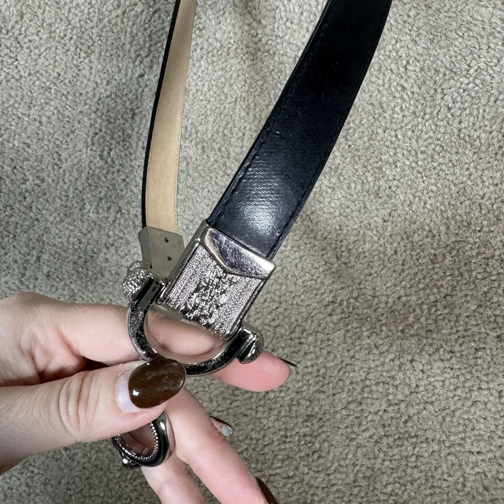 Lake Short‎ Drive Belt Womens L/XL Black Leather Silver Tone Chain Toggle Bit